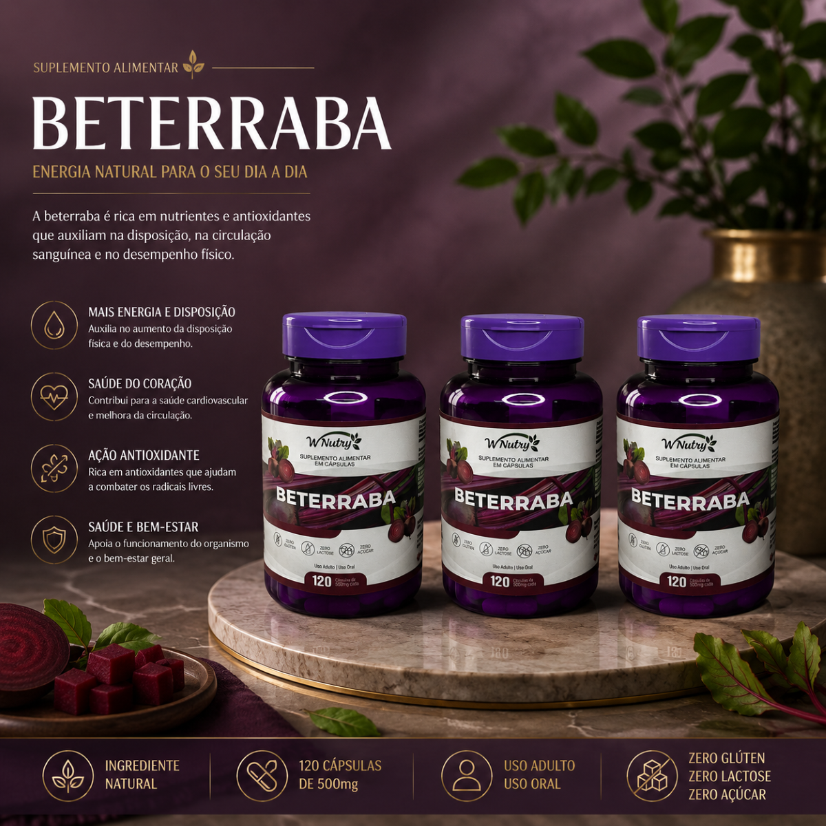 Kit 3 Suplementos De Beterraba 3x120 Cáps Energia Circulação