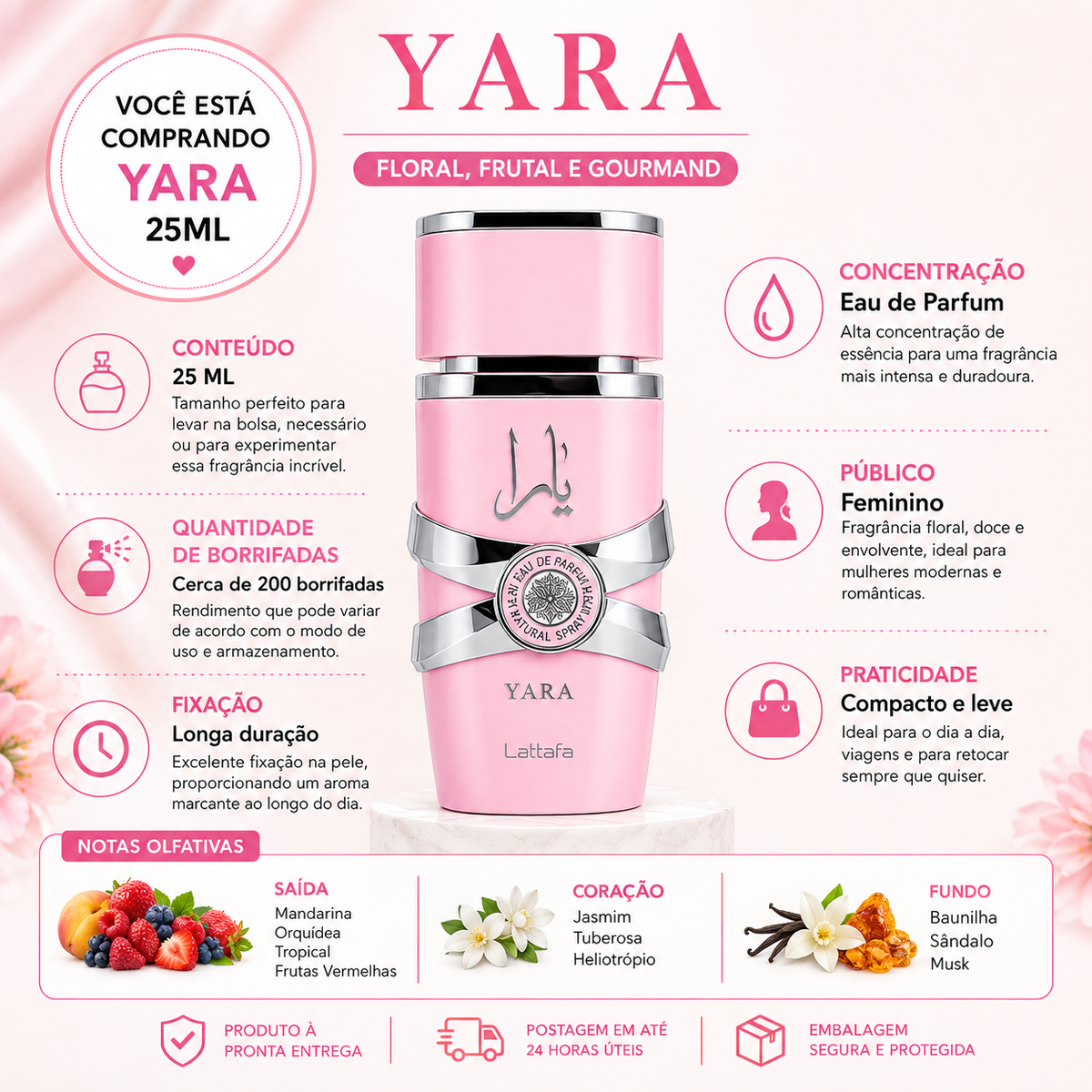 Yara 25 Ml Perfume Spray Doce Cremoso Alta Fixação