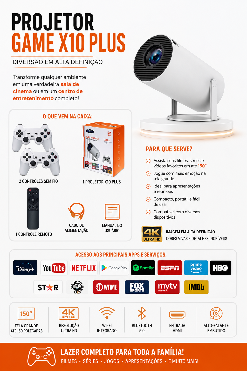 Projetor Gamer X10 Plus WiFi HDMI Portátil Alta Imagem