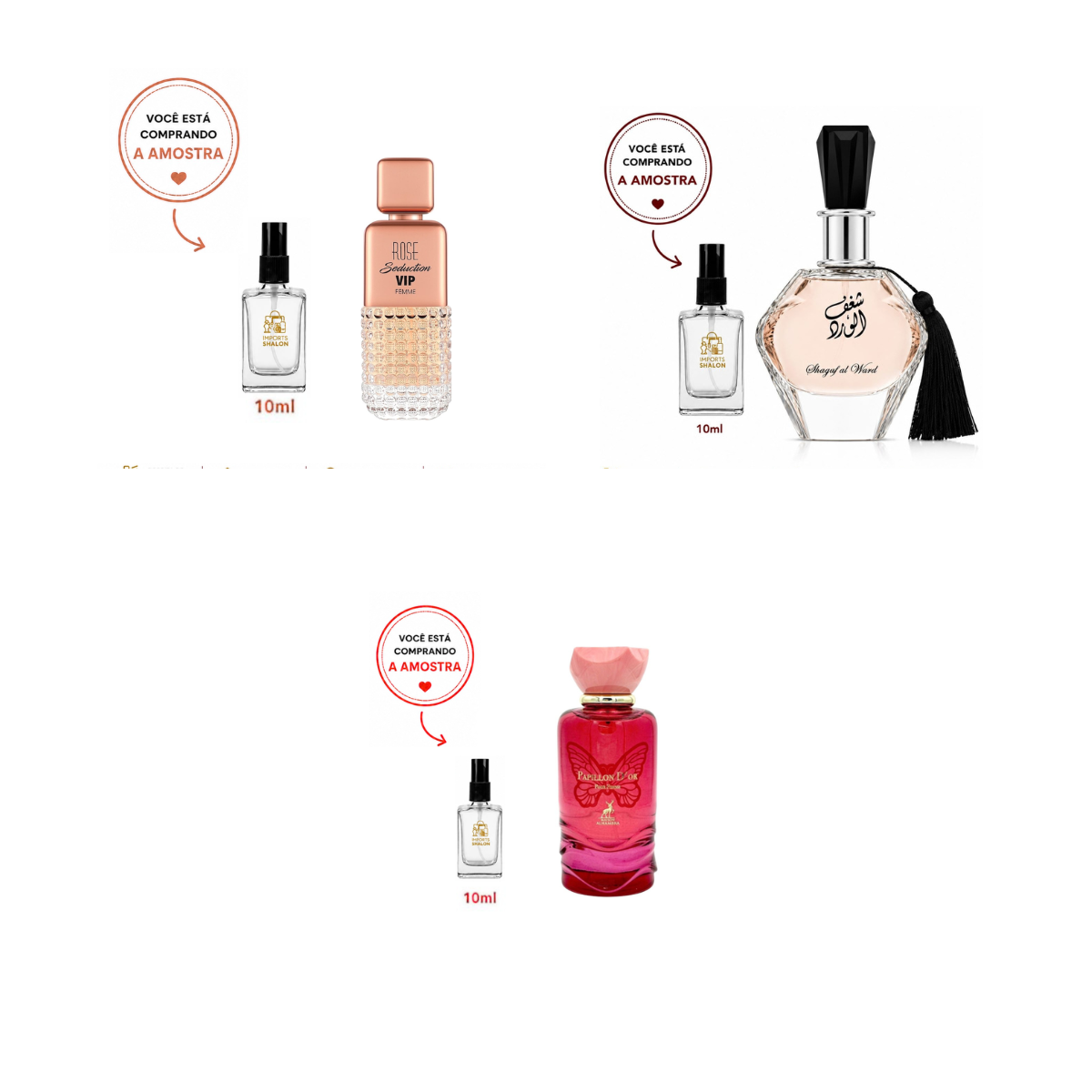 Kit 3 Mini Perfumes 10ml Rose Seduction Shagaf Papillon d'Or