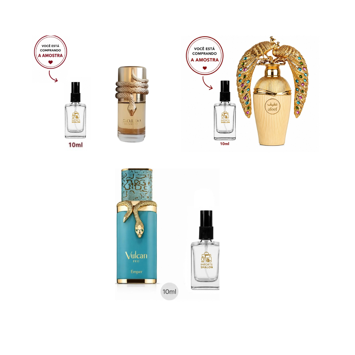 Kit 3 Mini Perfumes 10ml Musamam Afeef Vulcan Feu Luxo