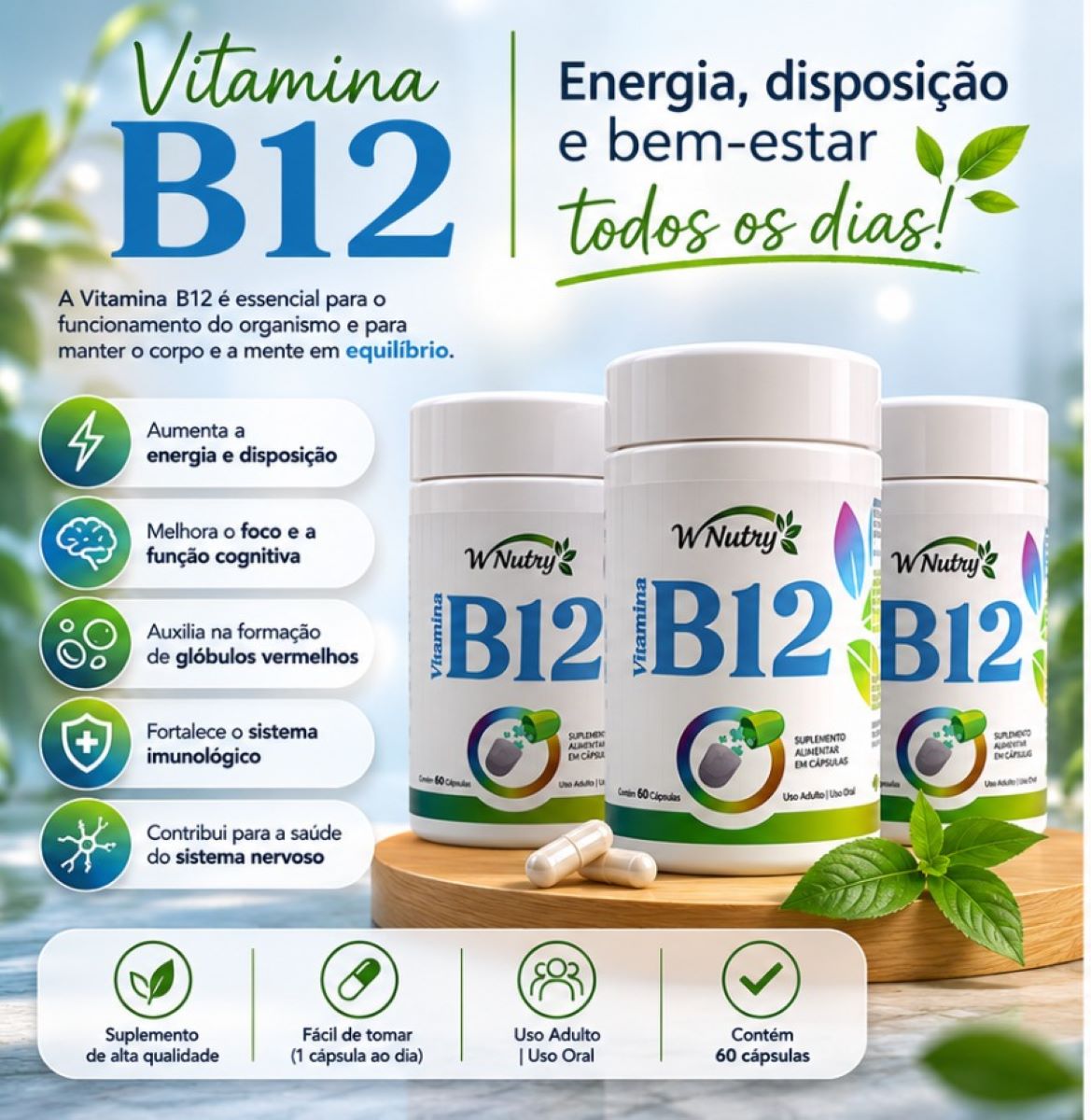 3 Suplementos Vitamina B12 Wnutry 3x60 Cápsulas Alta Potência