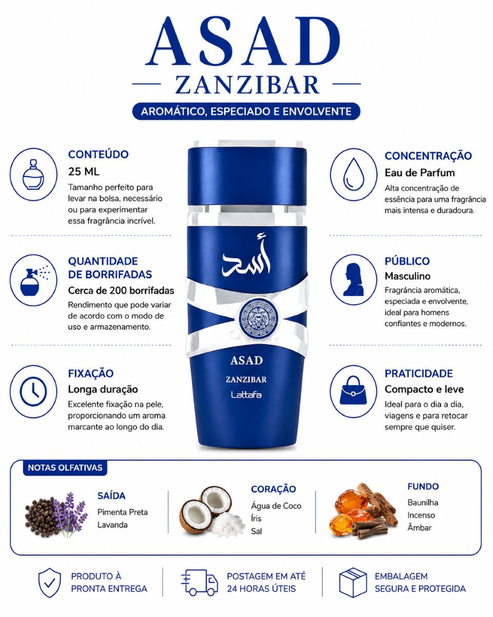 Mini Perfume Asad Zanzibar 25 Ml Alta Fixação Fragrância Marcante