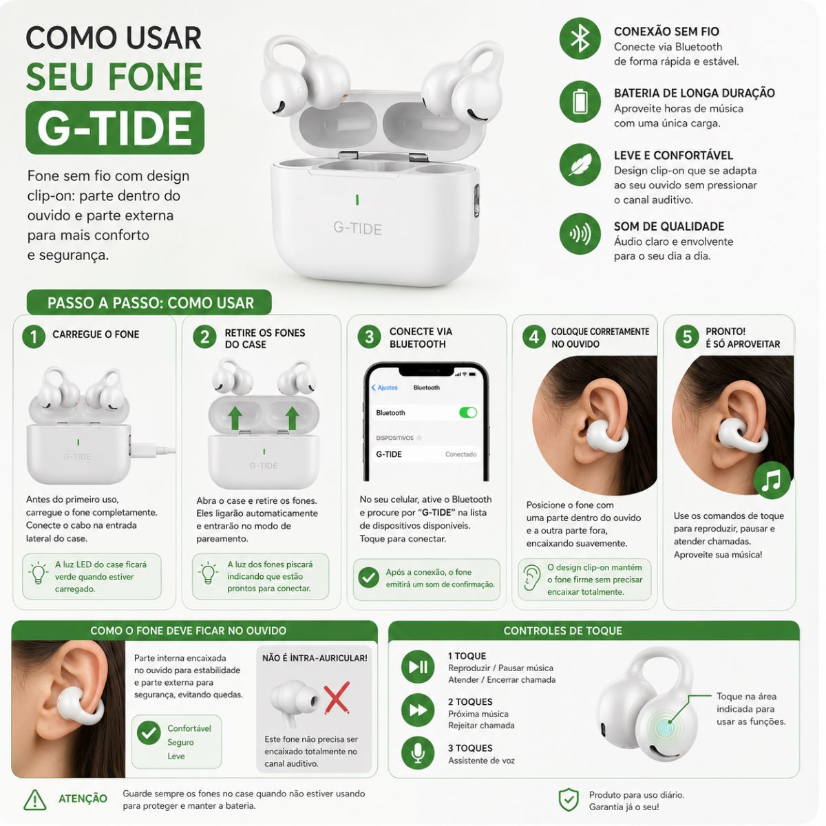 Fone De Ouvido Clip-On True Wireless Bluetooth Com Estojo