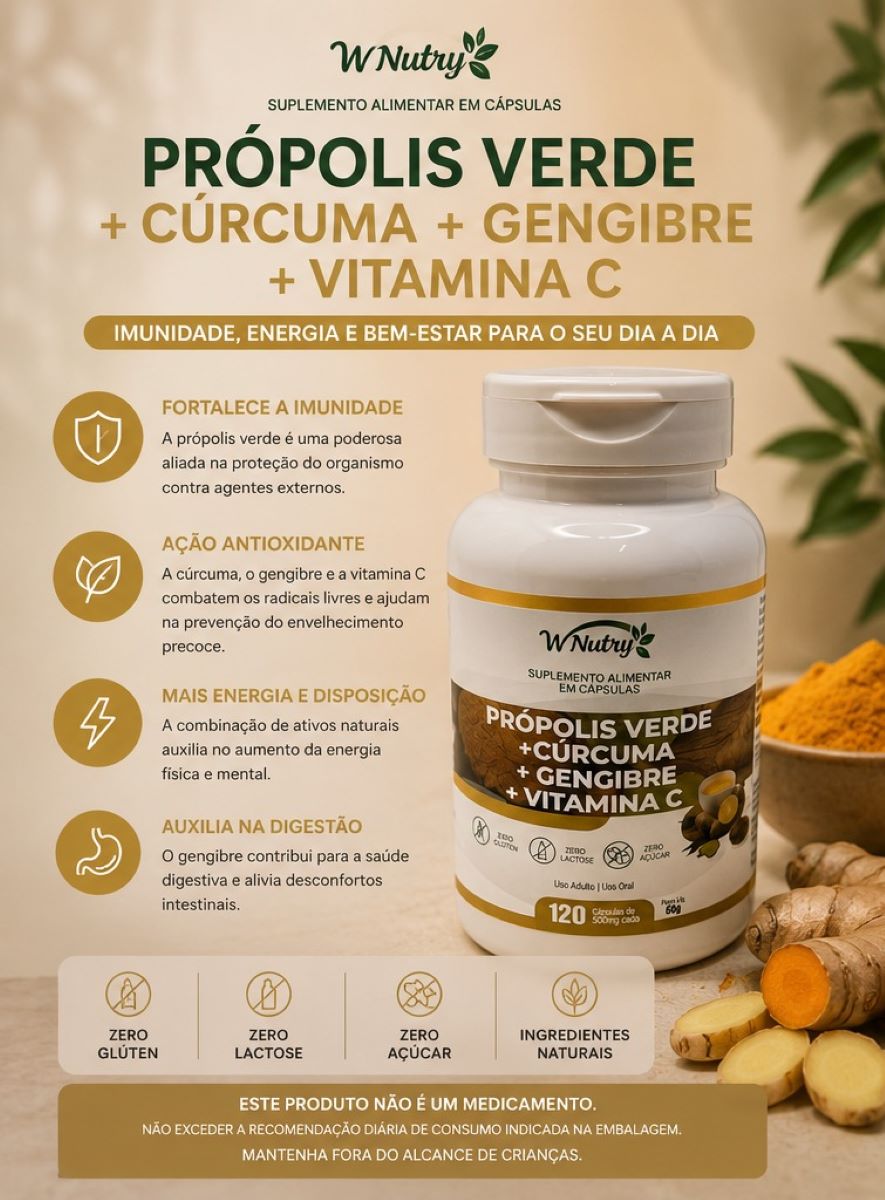 Kit De 3 Suplementos Própolis Verde Cúrcuma Gengibre Vitamina C 120 Caps