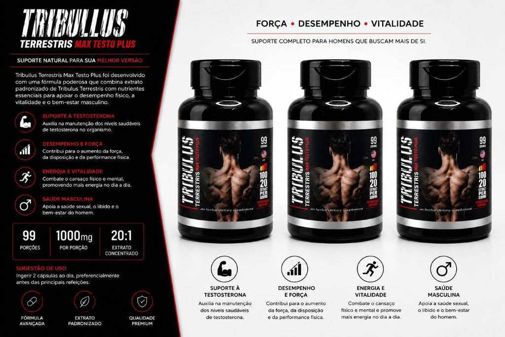 3 Suplementos Tribulus Terrestris Max Testo Plus Alta Potência 3x120 Caps