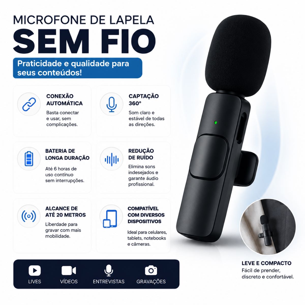 Microfone Lapela Sem Fio K8 USB Tipo C Para Gravações