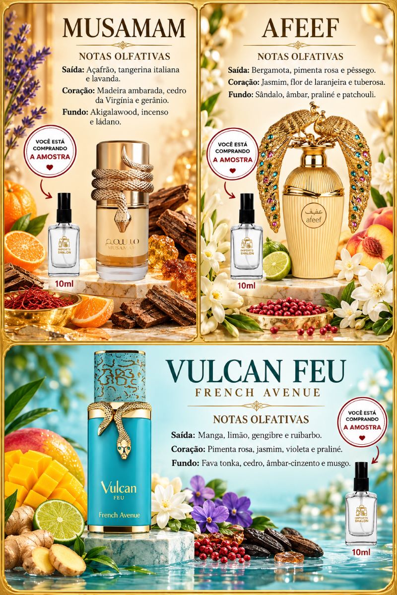 Kit 3 Mini Perfumes 10ml Musamam Afeef Vulcan Feu Luxo