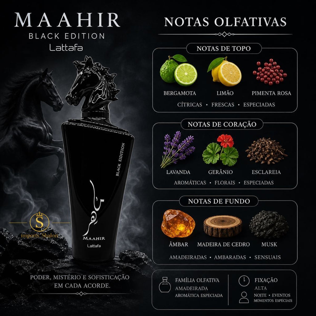 Perfume Maahir Black Edition Cavalo Masculino Aroma Forte e Elegante