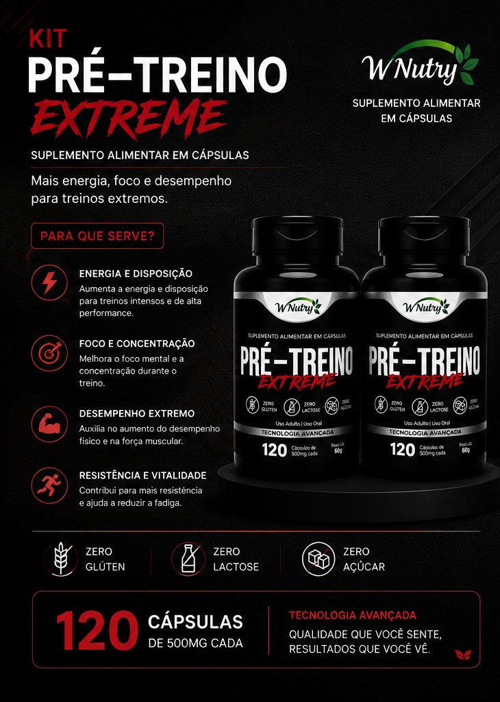 2 Suplementos Pré-Treino Extreme Fórmula Premium Alta Potência 2x120 Caps