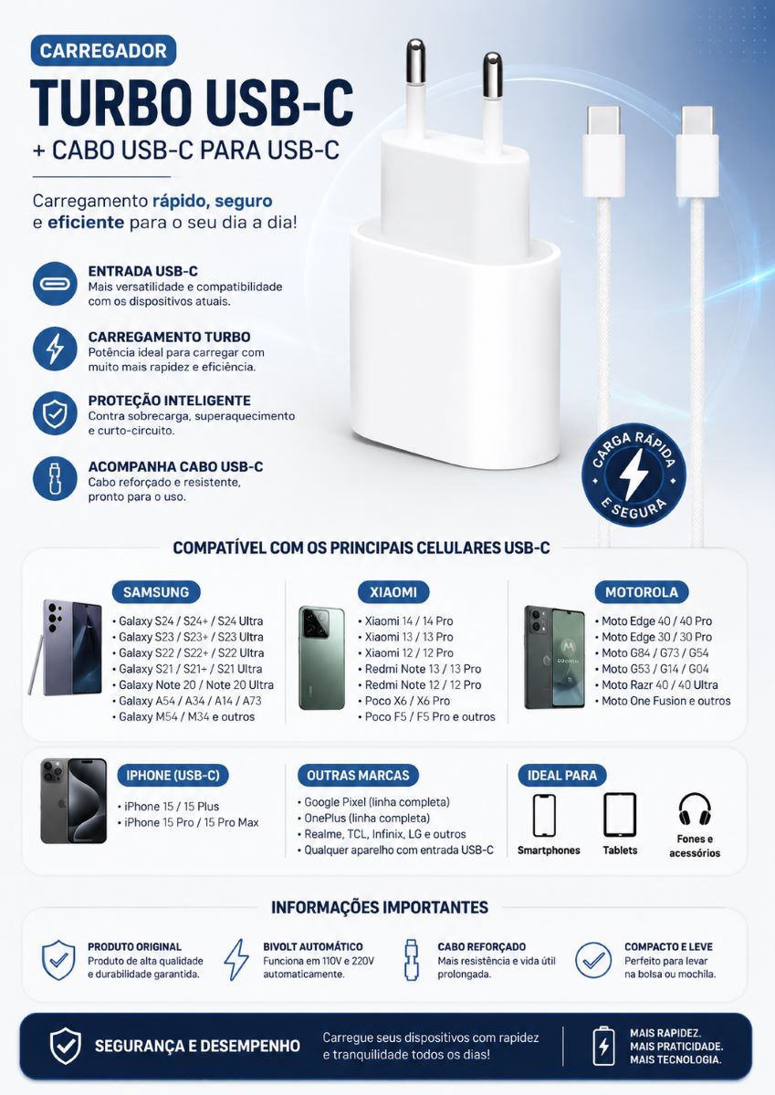 Carregador USB-C 35W + Cabo Compatível com iPhone 15