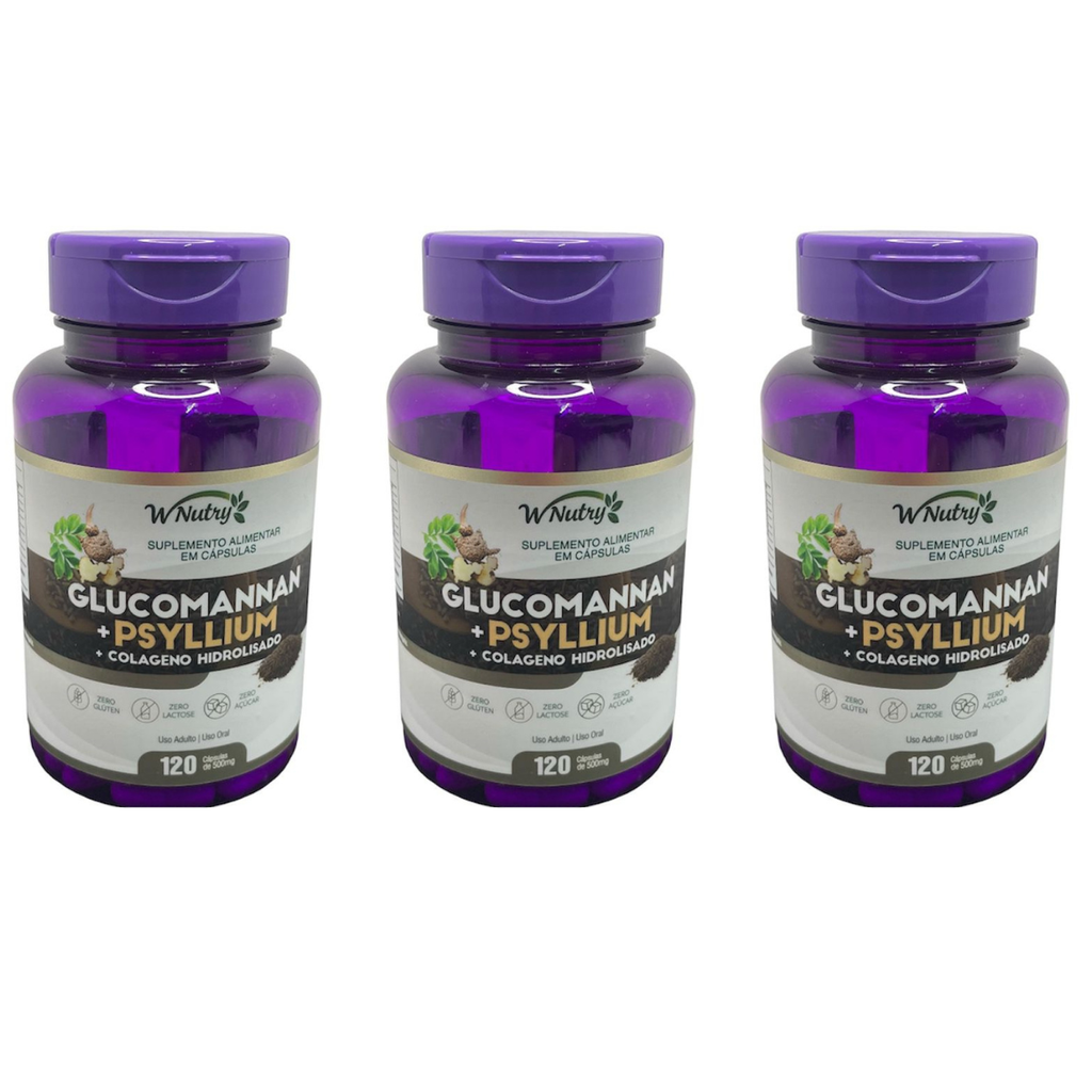 3 Suplementos Glucomannan + Psyllium + Colágeno Hidrolisado 120 Caps