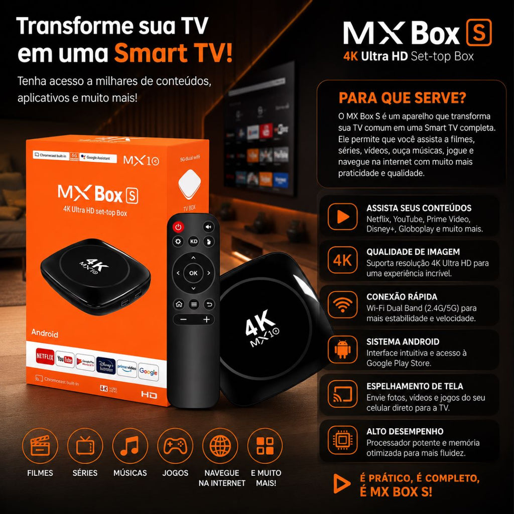 MX Box S 4K Ultra HD Android TV Box Wi-Fi Reprodutor Multimídia