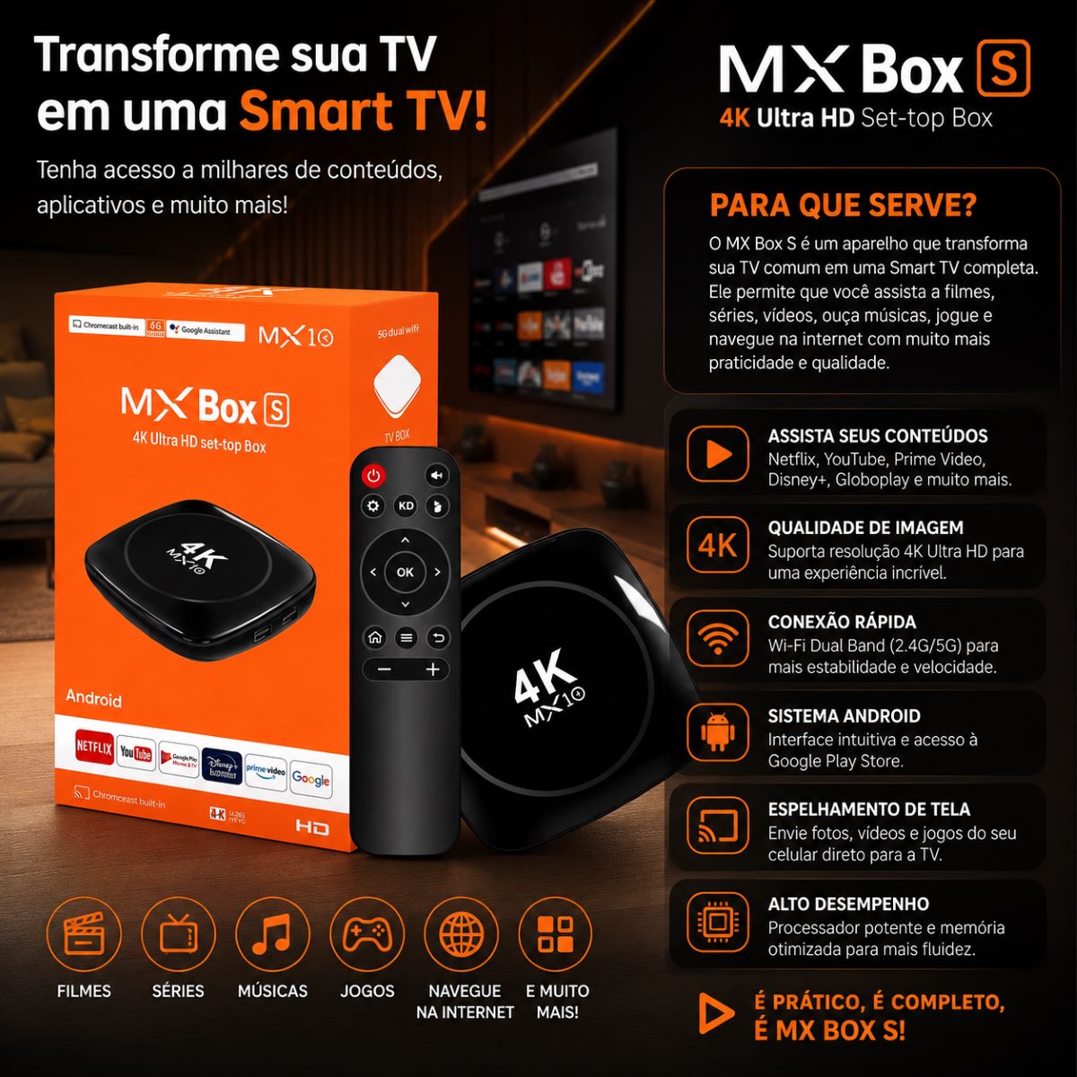 MX Box S 4K Ultra HD Android TV Box Wi-Fi Reprodutor Multimídia