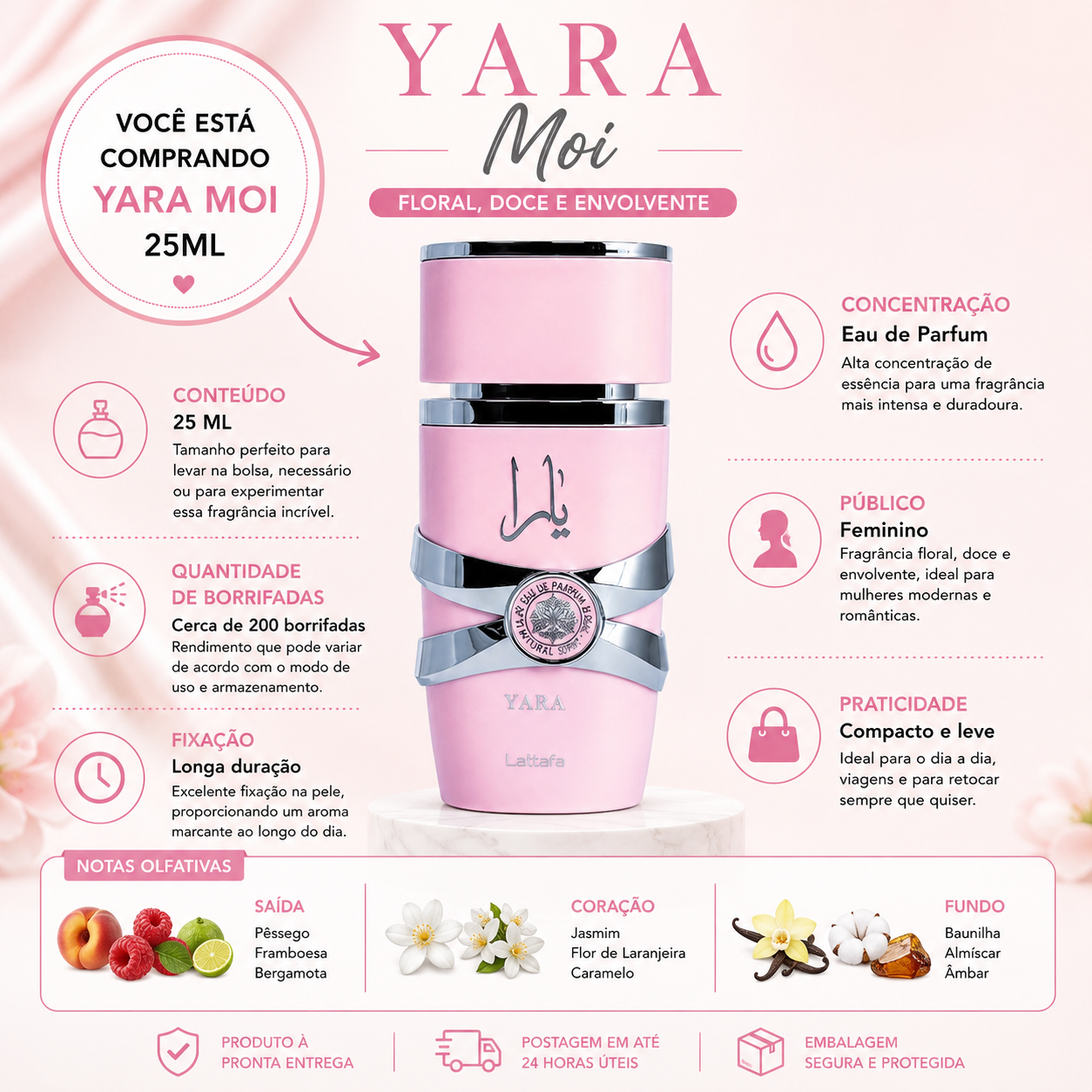 Yara 25 Ml Perfume Spray Doce Cremoso Alta Fixação