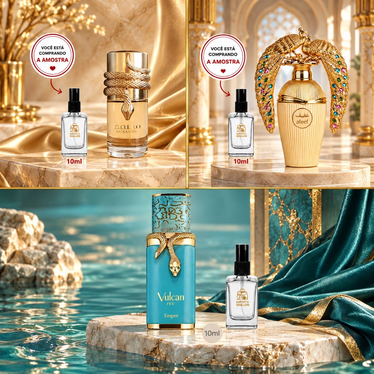 Kit 3 Mini Perfumes 10ml Musamam Afeef Vulcan Feu Luxo