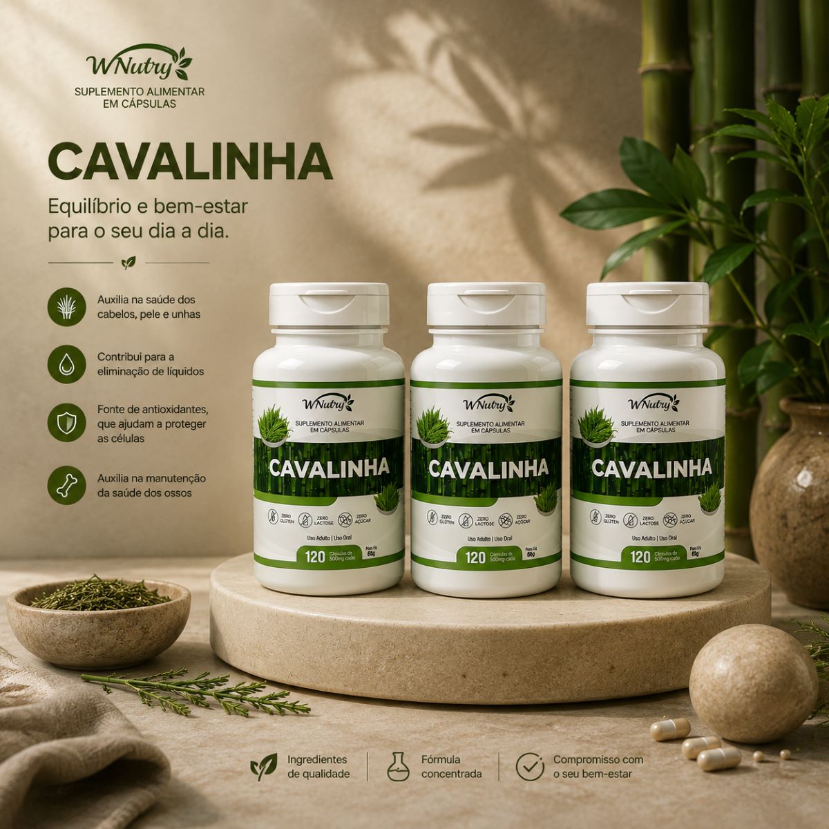 3 Suplementos Cavalinha Wnutry 120 Cápsulas Beleza Pele Cabelo Unhas