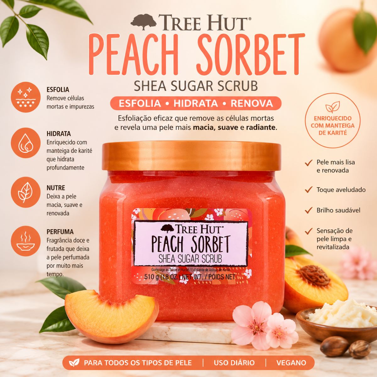 Esfoliante Corporal Tree Hut Peach Sorbet 510g Cuidado Premium