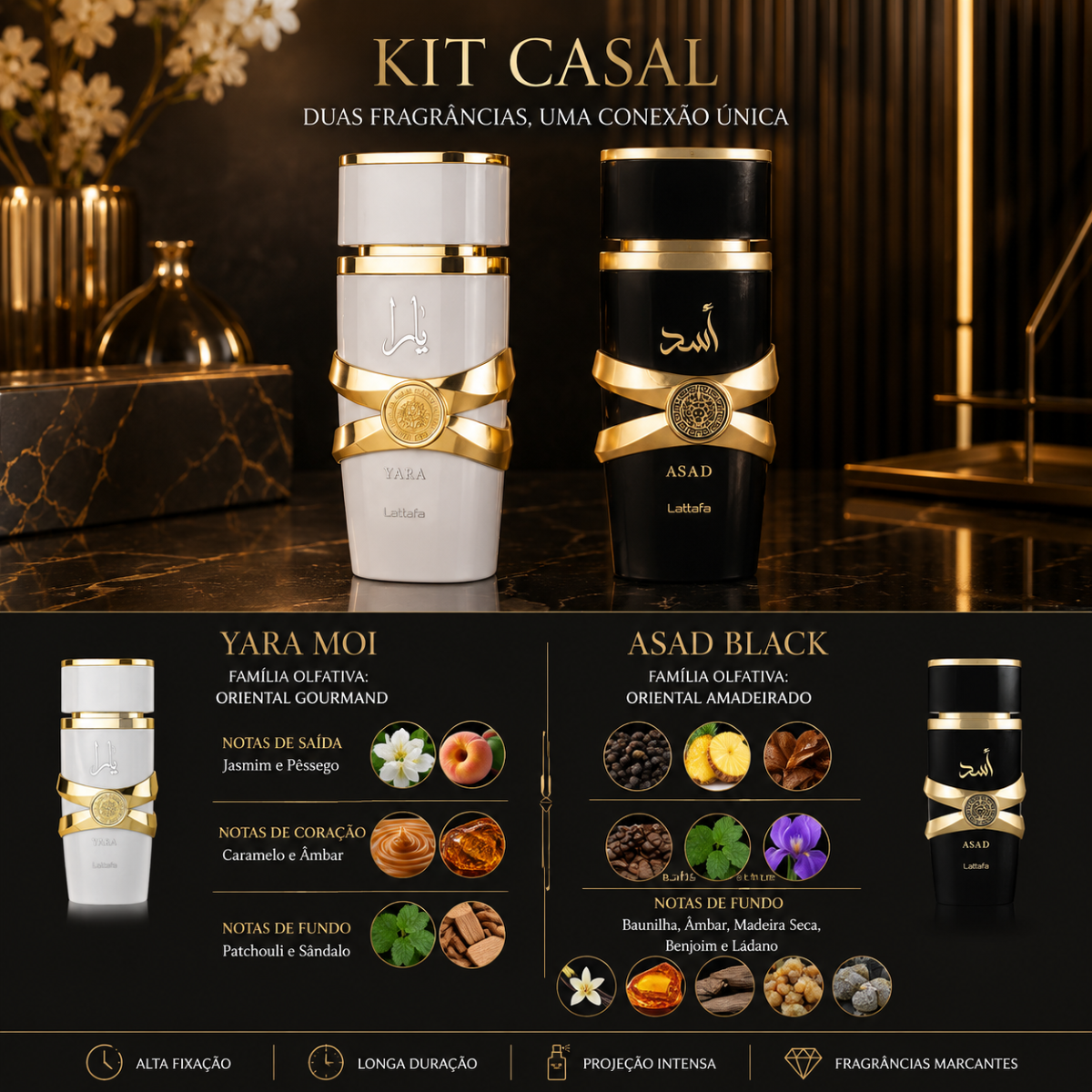 Kit Casal Yara Moi + Asad Black Perfumes Árabes Alta Fixação