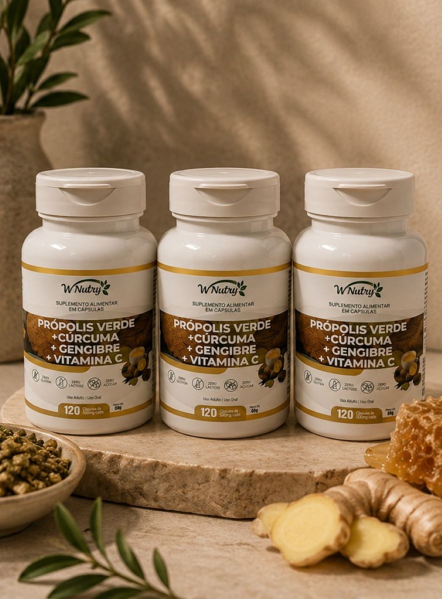 Kit De 3 Suplementos Própolis Verde Cúrcuma Gengibre Vitamina C 120 Caps